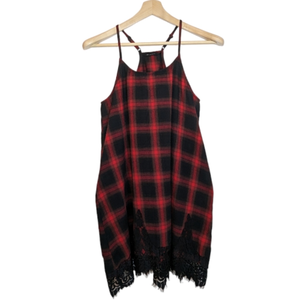 Blu Pepper | Black + Red Plaid Dress w|lace Hem Accent